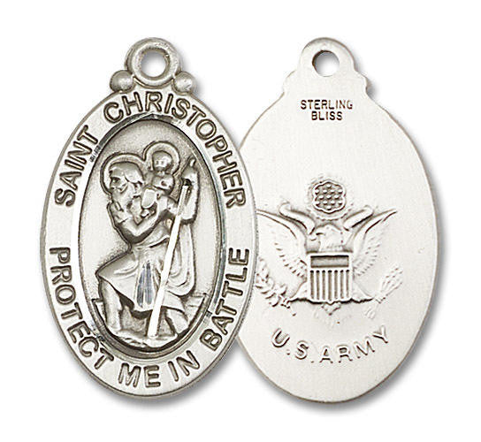 Large St Christopher Army Medal - Sterling Silver 1 1/8 x 5/8 Oval Pendant 1175SS2