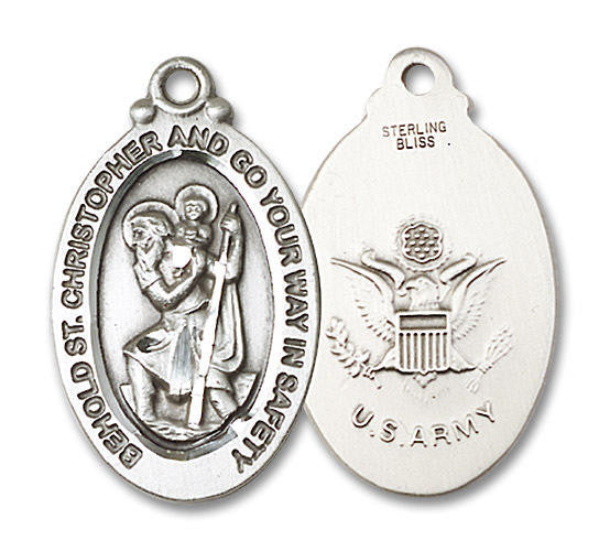Large St Christopher Army Medal - Sterling Silver 1 1/8 x 5/8 Oval Pendant 4145SS2