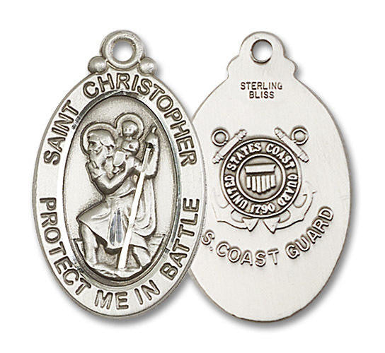 Large St Christopher Coast Guard Medal - Sterling Silver 1 1/8 x 5/8 Oval Pendant 1175SS3
