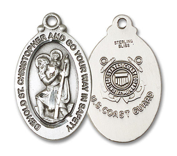 Large St Christopher Coast Guard Medal - Sterling Silver 1 1/8 x 5/8 Oval Pendant 4145SS3