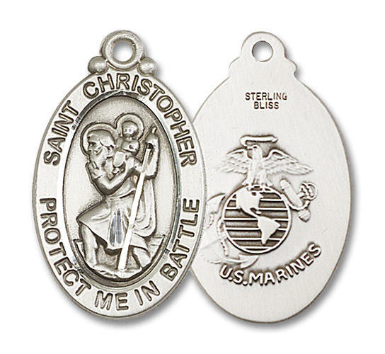 Large St Christopher Marines Medal - Sterling Silver 1 1/8 x 5/8 Oval Pendant 1175SS4