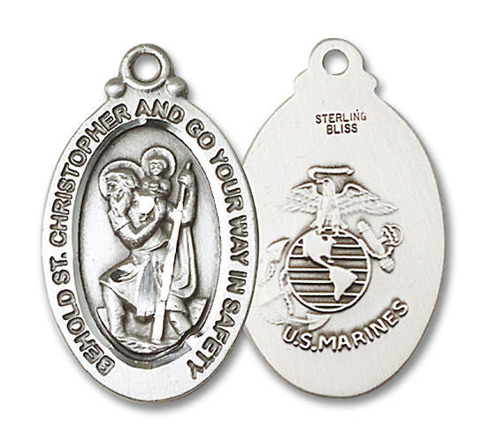 Large St Christopher Marines Medal - Sterling Silver 1 1/8 x 5/8 Oval Pendant 4145SS4
