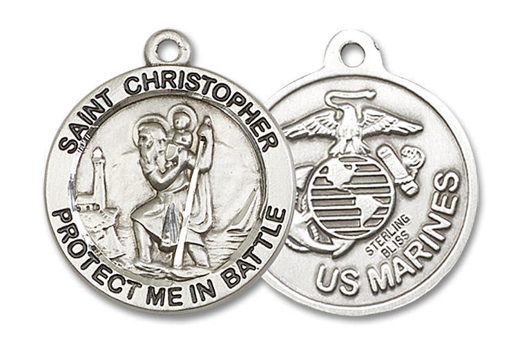 Large St Christopher Marines Medal - Sterling Silver 1 x 7/8 Round Pendant 1174SS4