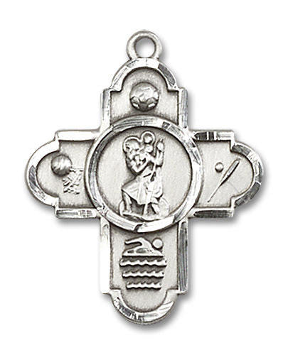 Large St Christopher Multi-Sport 5-Way Medal - Sterling Silver 1 1/8 x 7/8 Pendant 5712SS