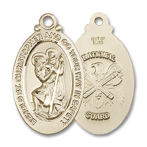 Large St Christopher National Guard Medal - 14kt Gold 1 1/4 x 5/8 Oval Pendant 4145