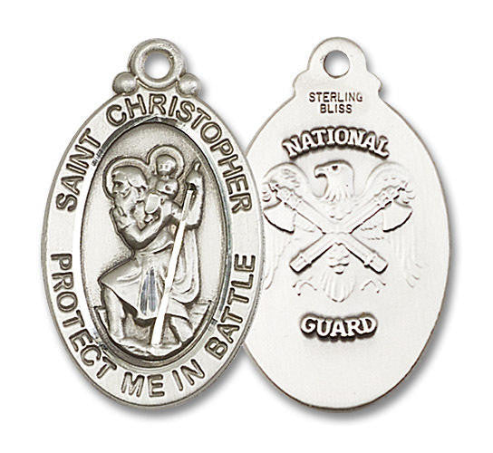 Large St Christopher National Guard Medal - Sterling Silver 1 1/8 x 5/8 Oval Pendant 1175SS5