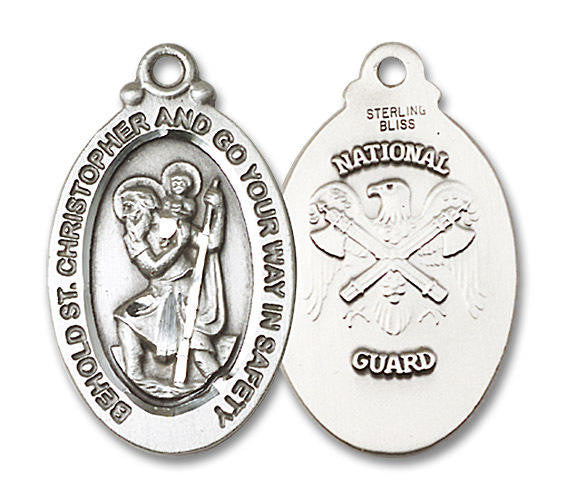 Large St Christopher National Guard Medal - Sterling Silver 1 1/8 x 5/8 Oval Pendant 4145SS5