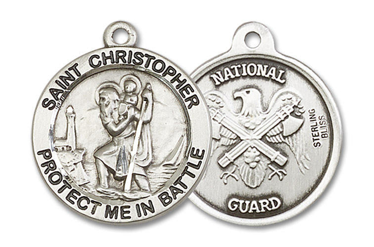 Large St Christopher National Guard Medal - Sterling Silver 1 x 7/8 Round Pendant 1174SS5