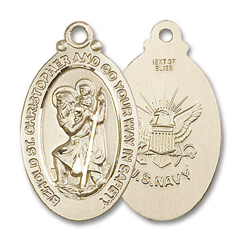 Large St Christopher Navy Medal - 14kt Gold 1 1/8 x 5/8 Oval Pendant 4145