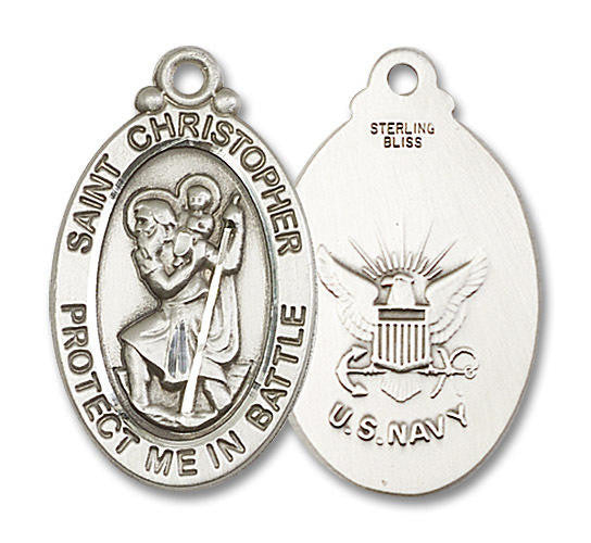 Large St Christopher Navy Medal - Sterling Silver 1 1/8 x 5/8 Oval Pendant 1175SS6
