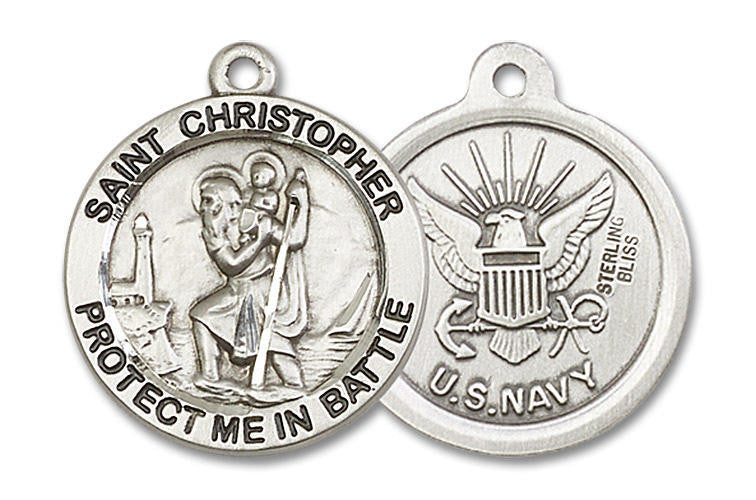 Large St Christopher Navy Medal - Sterling Silver 1 x 7/8 Round Pendant 1174SS6