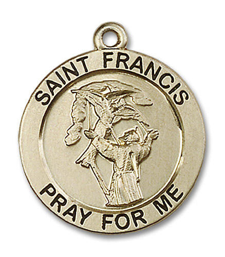 Large St Francis Medal - 14kt Gold 1 x 7/8 Round Pendant 4084