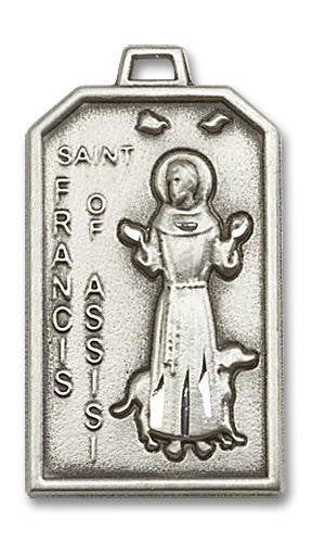 Large St Francis of Assisi Medal - Sterling Silver 1 1/8 x 5/8 Rectangular Pendant 5724SS