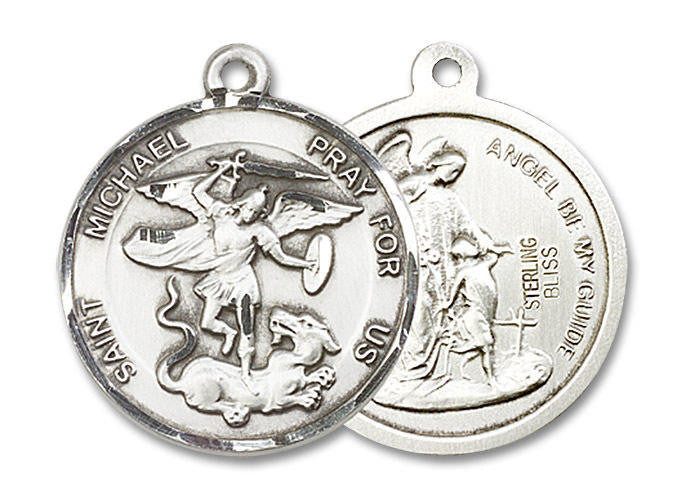 Large St Michael and Guardian Angel Medal - Sterling Silver 1 x 7/8 Round Pendant 0342SS