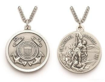 Large St Michael Coast Guard Necklace - Sterling Silver Round Medal On 24 Stainless Chain SM8468SH
