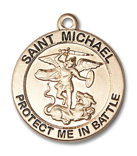 Large St Michael Guardian Angel Medal - 14kt Gold 1 x 7/8 Round Pendant 1170