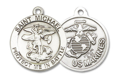 Large St. Michael Marines Medal - Sterling Silver 1" x 7/8" Round Pendant (1170SS4)