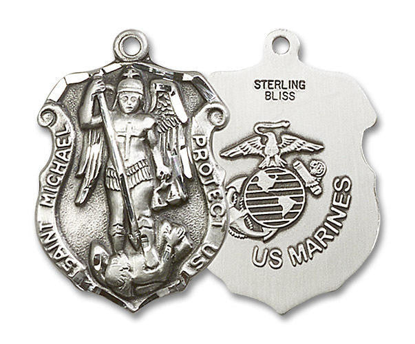 Large St Michael Marines Shield Medal - Sterling Silver 1 1/4 x 7/8 Pendant 5448SS4