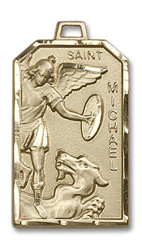 Large St Michael Medal - 14kt Gold 1 1/8 x 5/8 Rectangular Pendant 5720
