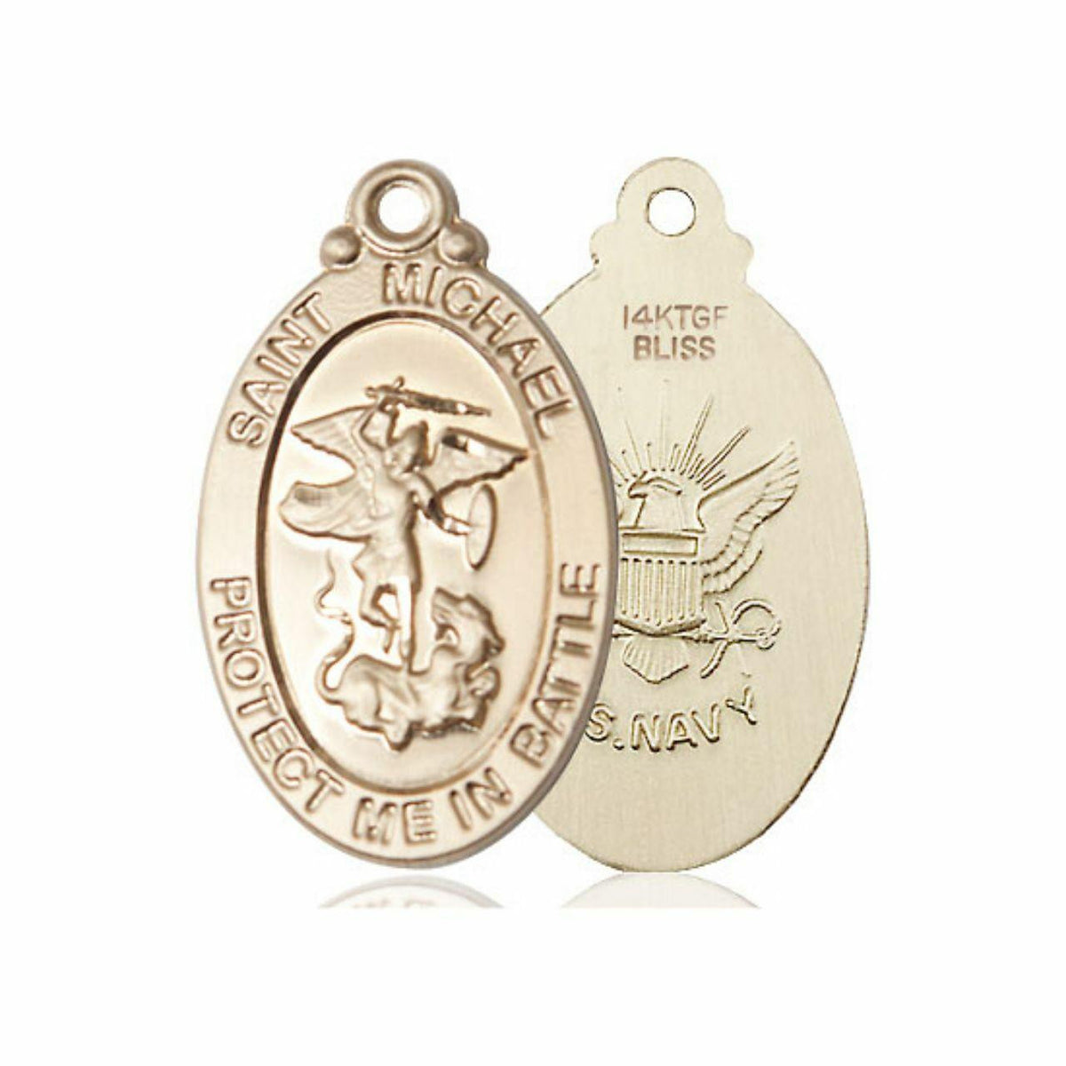 Large St Michael Navy Medal - 14kt Gold 1 1/4 x 5/8 Oval Pendant 1171