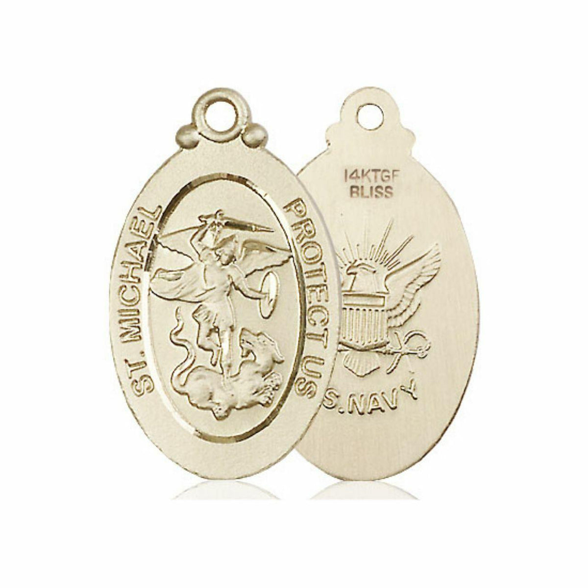 Large St Michael Navy Medal - 14kt Gold 1 1/8 x 5/8 Oval Pendant 4145R