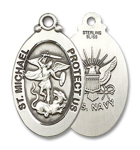 Large St Michael Navy Medal - Sterling Silver 1 1/8 x 5/8 Oval Pendant 4145RSS6