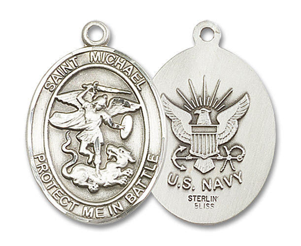 Large St Michael Navy Medal - Sterling Silver 1 x 5/8 Oval Pendant 1173SS6
