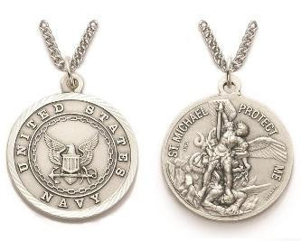 Large St Michael Navy Necklace - Sterling Silver Round Medal On 24 Stainless Chain SM8249SH