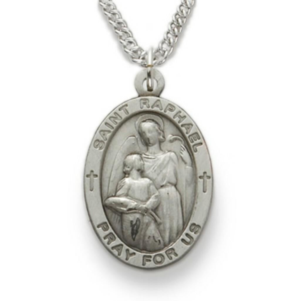 Large St Raphael Necklace - Sterling Silver Oval Medal On 24 Stainless Chain SM8848SH