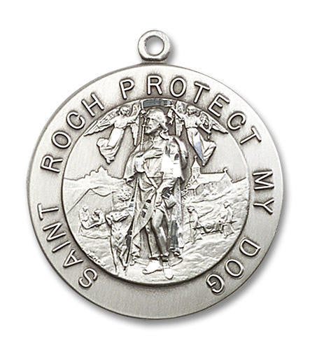 Large St Roch Protect My Dog Medal - Sterling Silver 1 1/8 x 1 Round Pendant 4270SS
