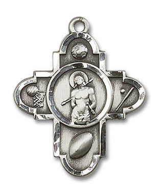 Large St. Sebastian Multi Sport 5-Way Medal - Sterling Silver 1 1/4" x 1" Pendant (5703SS)