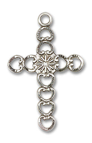 Large Sunburst Hearts Cross Pendant - Sterling Silver 1 x 5/8 5997SS