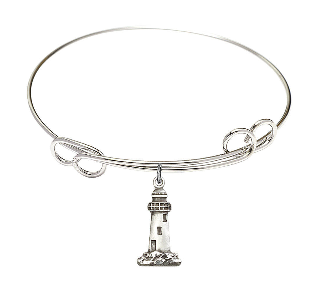 Lighthouse Double Loop Bangle Bracelet - Sterling Silver Charm