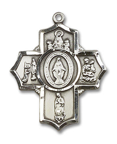 Marian Apparitions 5-Way Medal - Sterling Silver 1 1/4 x 1 Pendant 5706SS