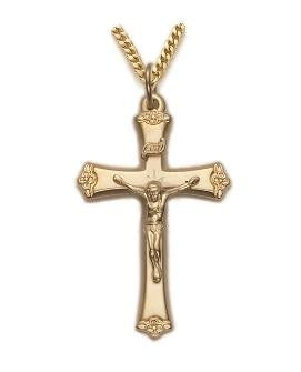 Mens Budded Ends Crucifix Necklace - 24KT Gold Over Sterling Silver Pendant on 24 Gold Plated Chain SX8376VH