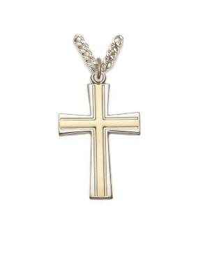 Mens Flared 2Tone Cross Necklace - Sterling Silver Pendant on 24 Stainless Chain SX8043SH