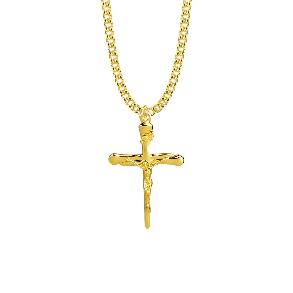 Mens Nail Crucifix Necklace - 14KT Gold Over Sterling Silver Pendant On 24 Gold Plated Chain SX7980VH