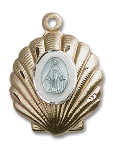 Miraculous Medal in a Shell Pendant - 14kt Gold 3/4 x 5/8 1258