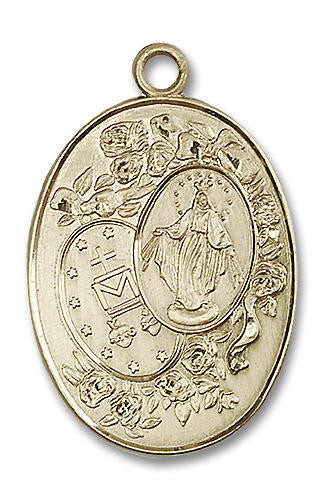 Miraculous Medal in Roses Pendant - 14kt Gold 2 Sizes