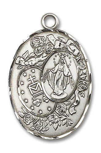 Miraculous Medal in Roses Pendant - Sterling Silver 2 Sizes