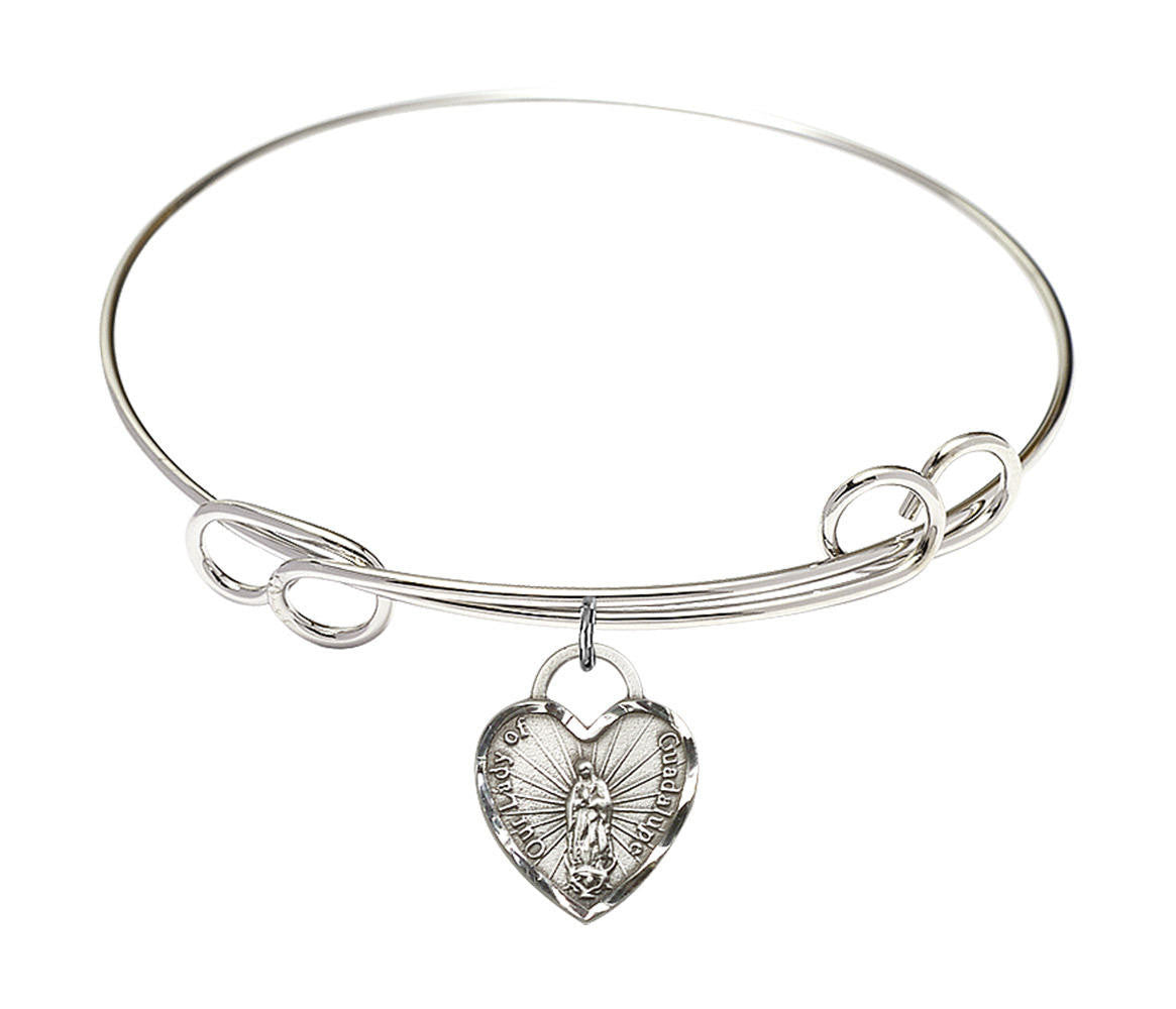 Our Lady of Guadalupe Heart Double Loop Bangle Bracelet - Sterling Silver Charm