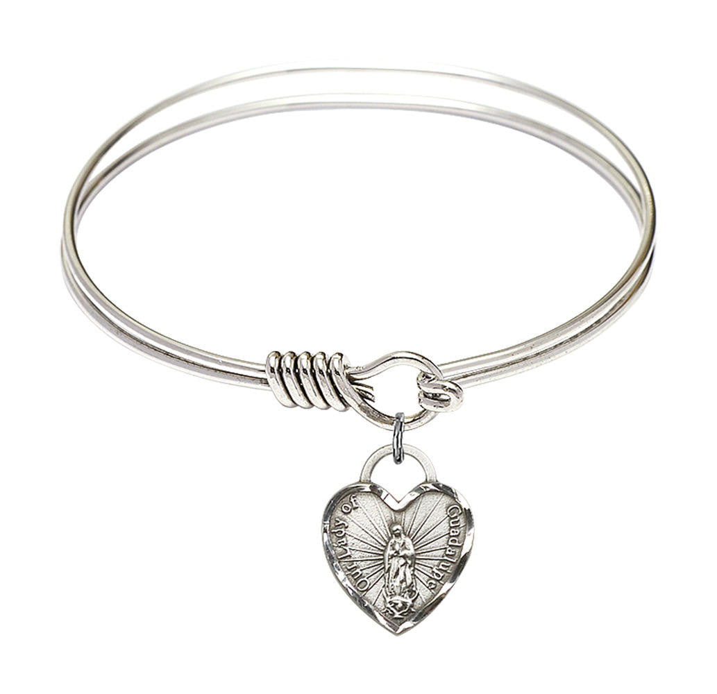 Our Lady of Guadalupe Heart Round Eye Hook Bangle Bracelet - Sterling Silver Charm - 6.25 Inch 3408SS