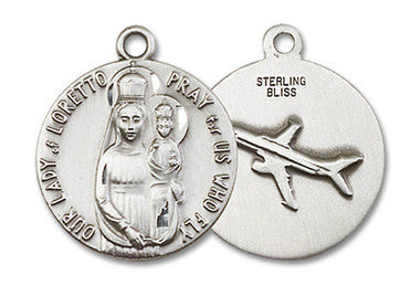 Our Lady of Loretto Pilot Medal - Sterling Silver 3/4" x 5/8" Round Pendant (0826SS)