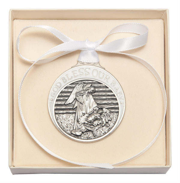 Pewter Baby In Manger Crib Medal With White Ribbon - Pendant 4301WPW