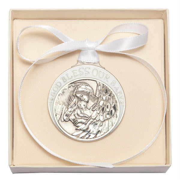 Pewter Baby With Angel Crib Medal With White Ribbon - Pendant 4300WPW