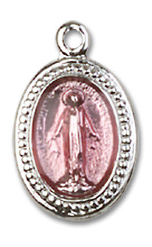 Pink Miraculous Medal Charm - Sterling Silver Oval Pendant 0700PSS