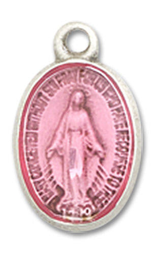 Pink Miraculous Medal Charm - Sterling Silver Oval Pendant 0702PMSS