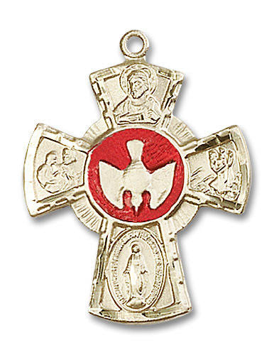 Red Inlay 5-Way Confirmation Medal - 14kt Gold 1 1/8 x 7/8 Pendant 0045E