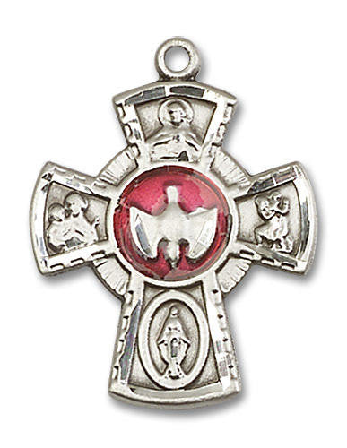 Red Inlay 5-Way Confirmation Medal - Sterling Silver 1 x 3/4 Pendant 2045ESS