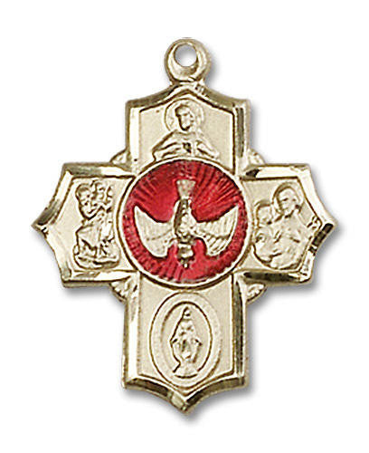 Red Inlay 5-Way Medal - 14kt Gold 7/8 x 3/4 Pendant 2090E